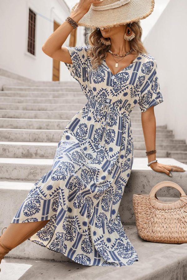 Women Ivy Abstract Print Bohemian V Neck Midi Dress | Midi Dresses