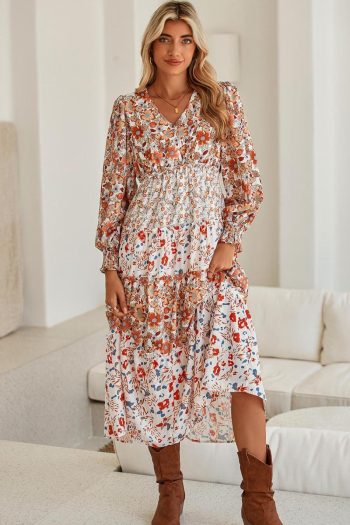 Women Khaki Floral Print Ruffled Tiered Long Sleeve V Neck Midi Dress | Midi Dresses