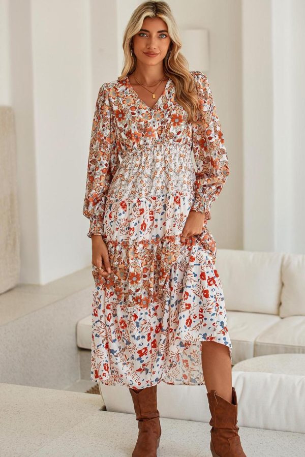 Women Khaki Floral Print Ruffled Tiered Long Sleeve V Neck Midi Dress | Midi Dresses