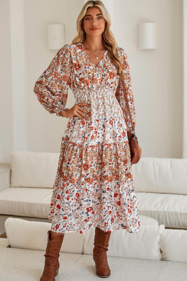 Women Khaki Floral Print Ruffled Tiered Long Sleeve V Neck Midi Dress | Midi Dresses - Image 2