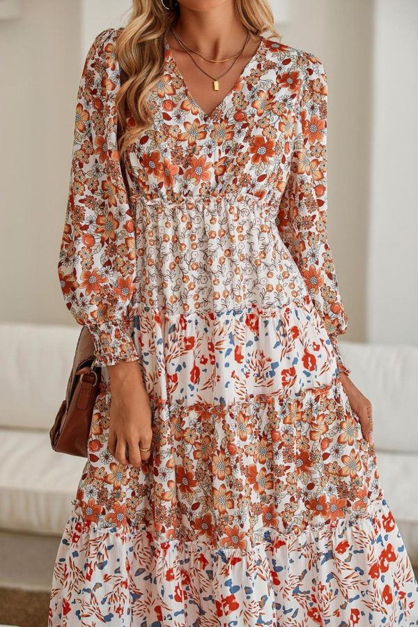 Women Khaki Floral Print Ruffled Tiered Long Sleeve V Neck Midi Dress | Midi Dresses - Image 3
