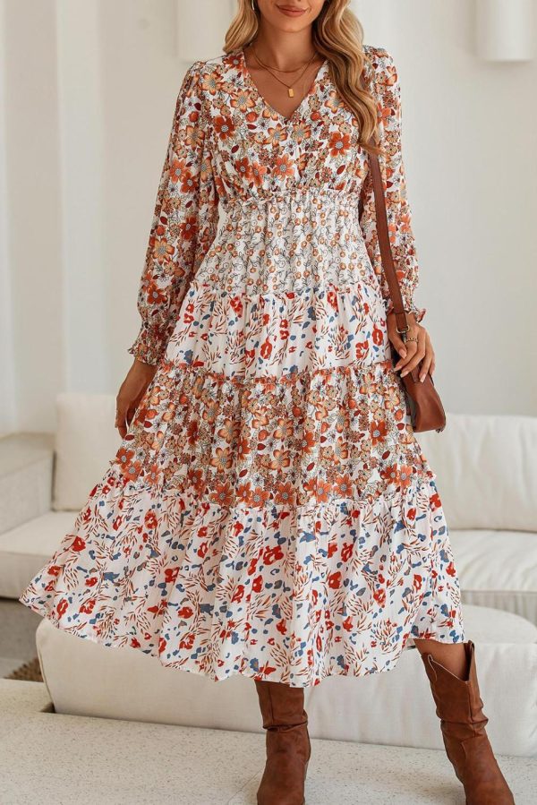 Women Khaki Floral Print Ruffled Tiered Long Sleeve V Neck Midi Dress | Midi Dresses - Image 4