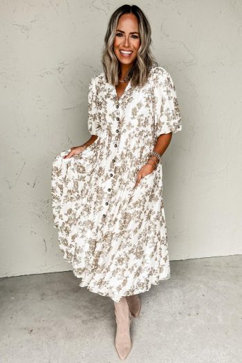 Women Khaki Floral Puff Sleeve V Neck Buttoned Front Maxi Dress | Maxi Dresses