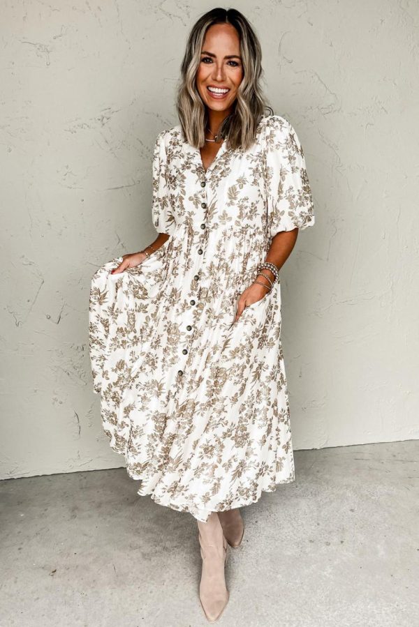 Women Khaki Floral Puff Sleeve V Neck Buttoned Front Maxi Dress | Maxi Dresses