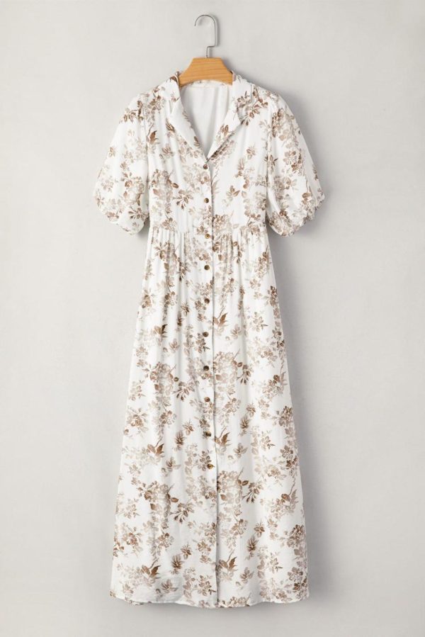 Women Khaki Floral Puff Sleeve V Neck Buttoned Front Maxi Dress | Maxi Dresses - Image 3