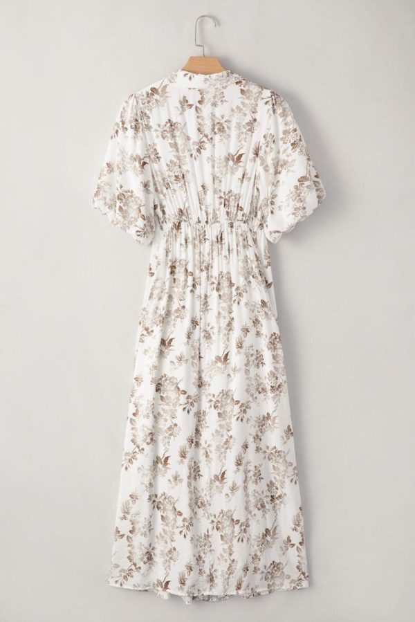 Women Khaki Floral Puff Sleeve V Neck Buttoned Front Maxi Dress | Maxi Dresses - Image 4