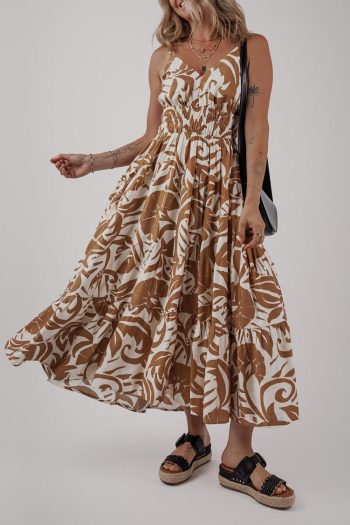 Women Khaki Floral Shirred High Waist Spaghetti Straps Maxi Dress | Maxi Dresses