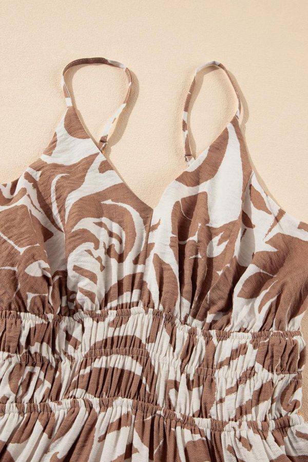 Women Khaki Floral Shirred High Waist Spaghetti Straps Maxi Dress | Maxi Dresses - Image 6