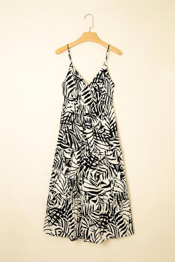 Women Khaki Tropical Palm Print Wrapped V Neck Spaghetti Straps Tiered Dress | Midi Dresses - Image 3