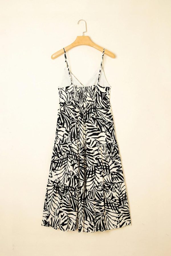 Women Khaki Tropical Palm Print Wrapped V Neck Spaghetti Straps Tiered Dress | Midi Dresses - Image 4