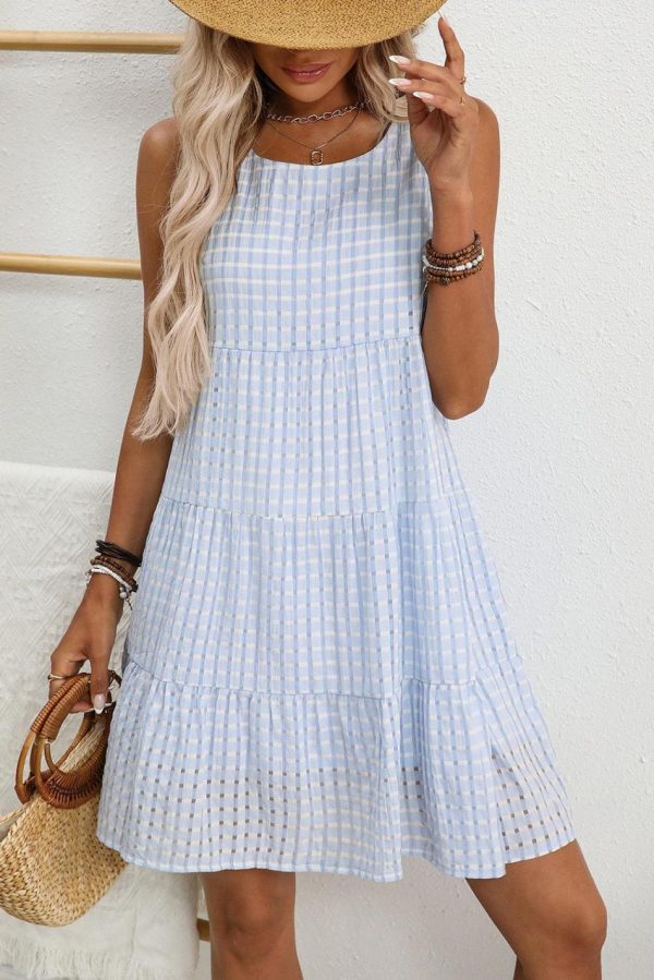 Women Light Blue Gingham High Waist Sleeveless Mini Dress | Short Dresses