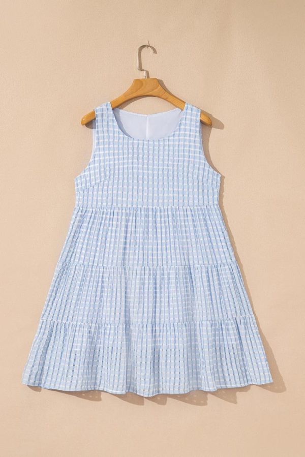 Women Light Blue Gingham High Waist Sleeveless Mini Dress | Short Dresses - Image 2