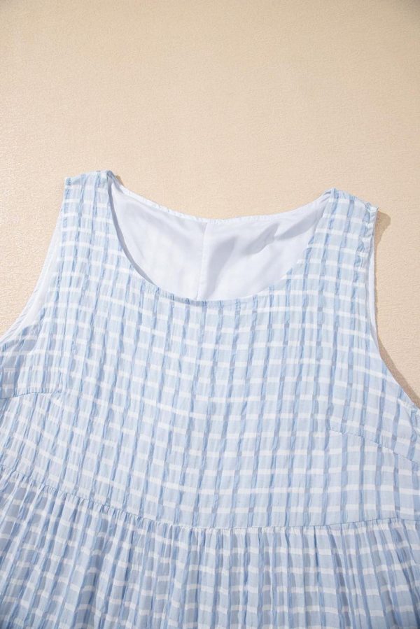 Women Light Blue Gingham High Waist Sleeveless Mini Dress | Short Dresses - Image 4