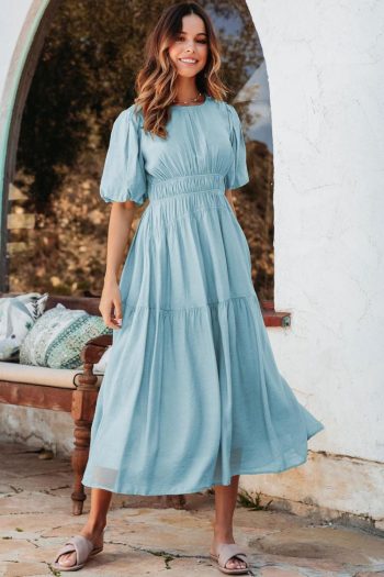 Women Light Blue Puff Sleeve High Waist Flowy Midi Dress | Midi Dresses