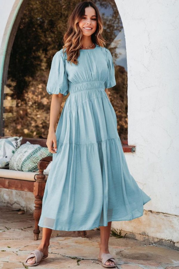Women Light Blue Puff Sleeve High Waist Flowy Midi Dress | Midi Dresses
