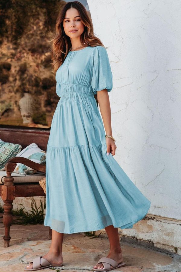 Women Light Blue Puff Sleeve High Waist Flowy Midi Dress | Midi Dresses - Image 2