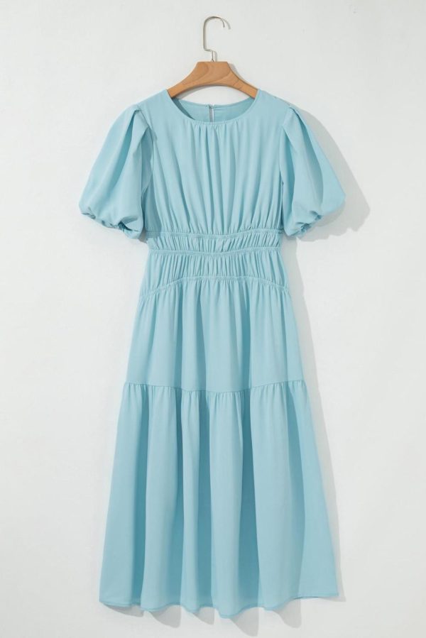 Women Light Blue Puff Sleeve High Waist Flowy Midi Dress | Midi Dresses - Image 3