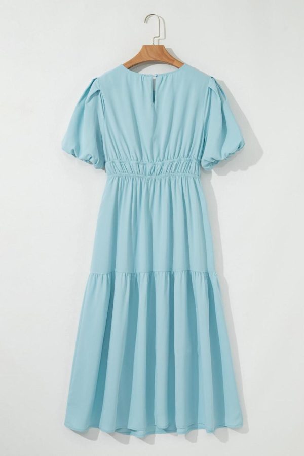 Women Light Blue Puff Sleeve High Waist Flowy Midi Dress | Midi Dresses - Image 4