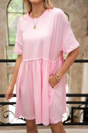 Women Light Pink Solid Color Pocket Raw Edge Babydoll Dress | Short Dresses