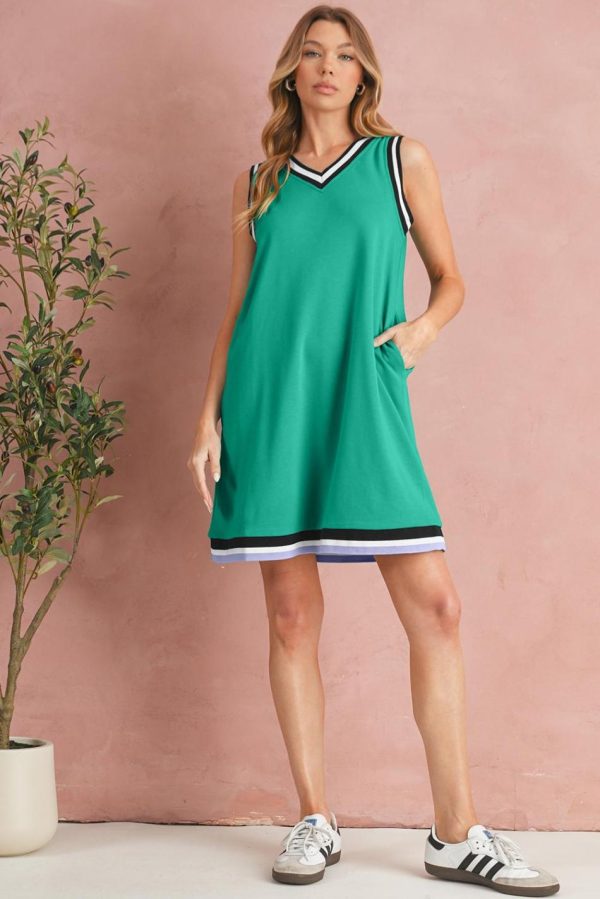 Women Mint Green Contrast Trim V Neck Sleeveless Mini Dress | Short Dresses - Image 5