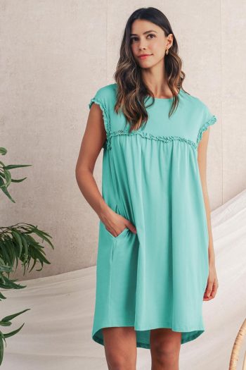 Women Mint Green Frilled Trim Crewneck Loose Fit Mini Dress | Short Dresses