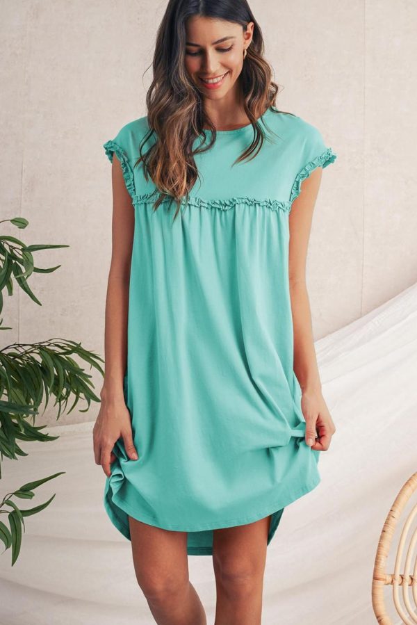 Women Mint Green Frilled Trim Crewneck Loose Fit Mini Dress | Short Dresses - Image 2
