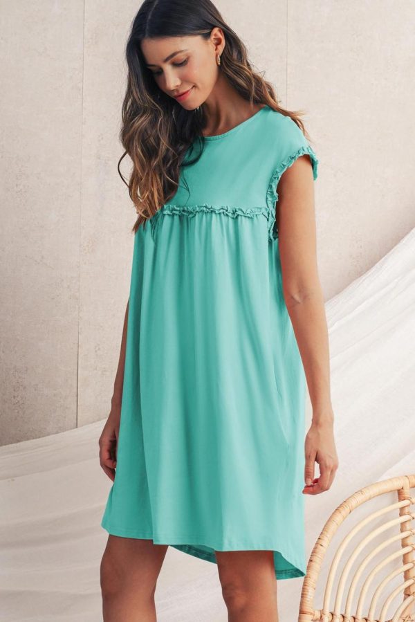 Women Mint Green Frilled Trim Crewneck Loose Fit Mini Dress | Short Dresses - Image 3