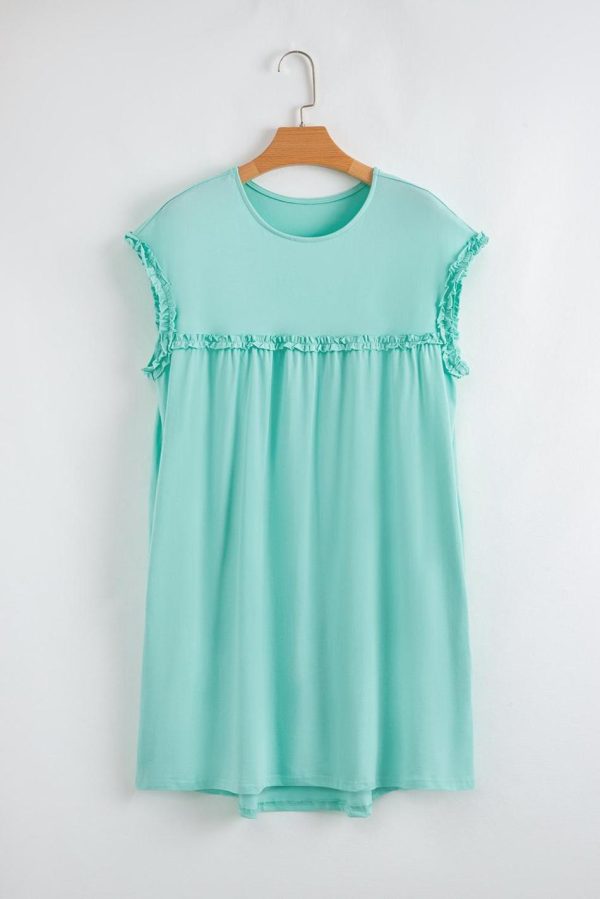 Women Mint Green Frilled Trim Crewneck Loose Fit Mini Dress | Short Dresses - Image 4