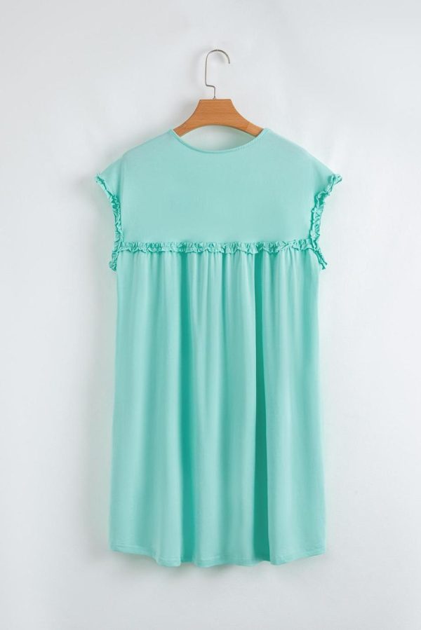 Women Mint Green Frilled Trim Crewneck Loose Fit Mini Dress | Short Dresses - Image 5