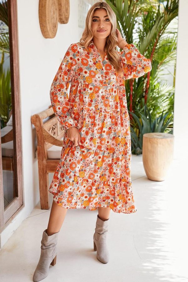 Women Multicolor Boho Floral Collared Long Sleeve Dress | Midi Dresses