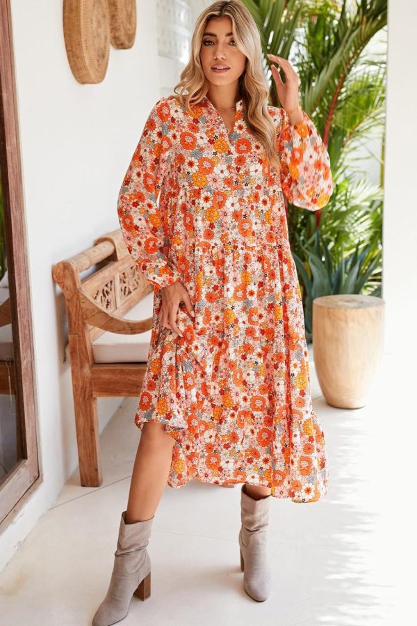 Women Multicolor Boho Floral Collared Long Sleeve Dress | Midi Dresses - Image 2