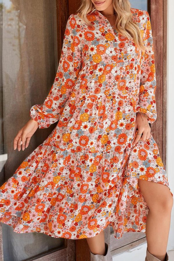 Women Multicolor Boho Floral Collared Long Sleeve Dress | Midi Dresses - Image 3