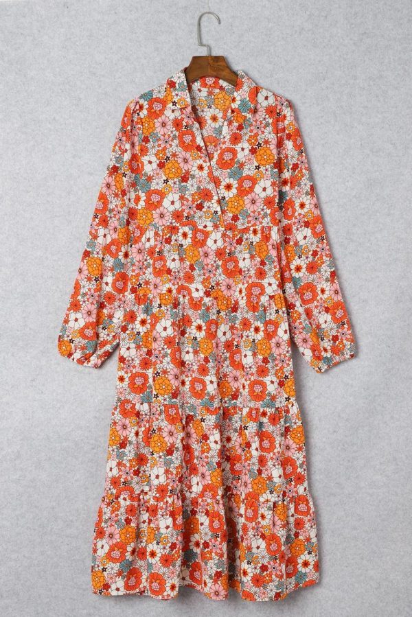 Women Multicolor Boho Floral Collared Long Sleeve Dress | Midi Dresses - Image 4