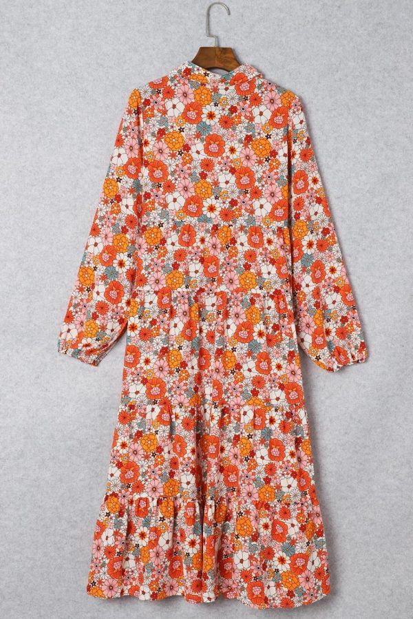 Women Multicolor Boho Floral Collared Long Sleeve Dress | Midi Dresses - Image 5