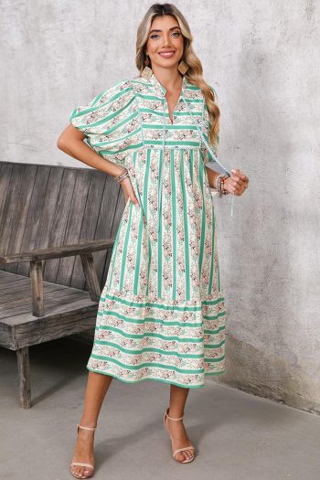 Women Multicolor Boho Floral Striped Tie V Neck Long Dress | Midi Dresses