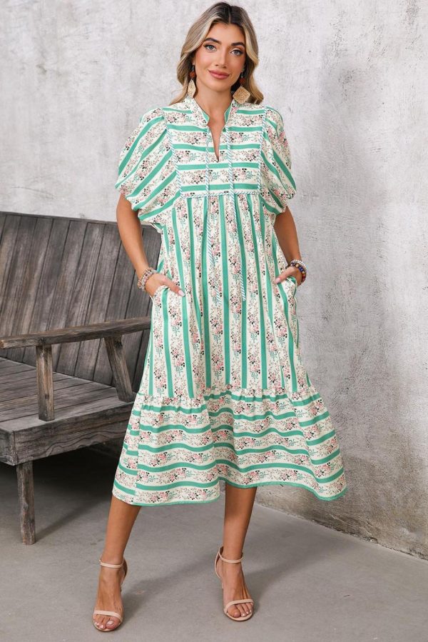 Women Multicolor Boho Floral Striped Tie V Neck Long Dress | Midi Dresses - Image 2