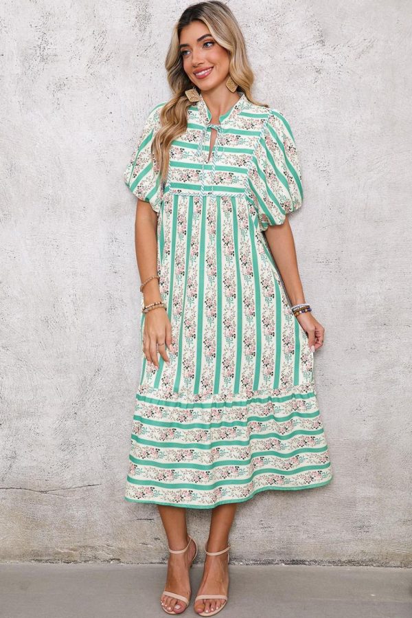 Women Multicolor Boho Floral Striped Tie V Neck Long Dress | Midi Dresses - Image 3