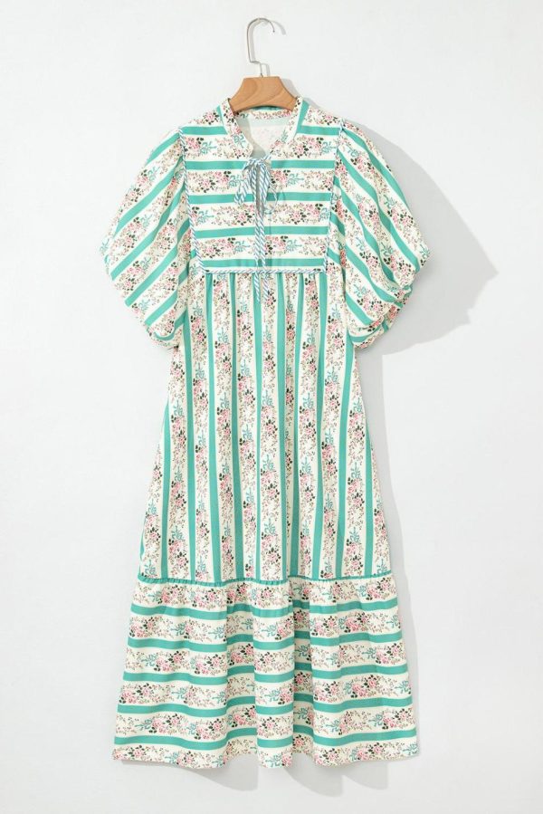 Women Multicolor Boho Floral Striped Tie V Neck Long Dress | Midi Dresses - Image 4