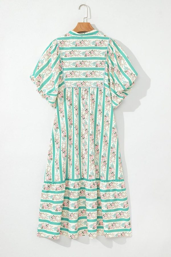 Women Multicolor Boho Floral Striped Tie V Neck Long Dress | Midi Dresses - Image 5