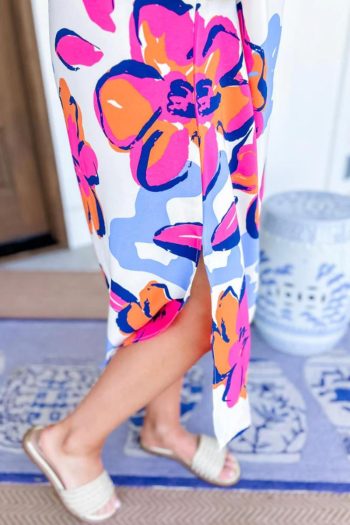Women Multicolour Floral Print Split Neck Midi Dress | Midi Dresses