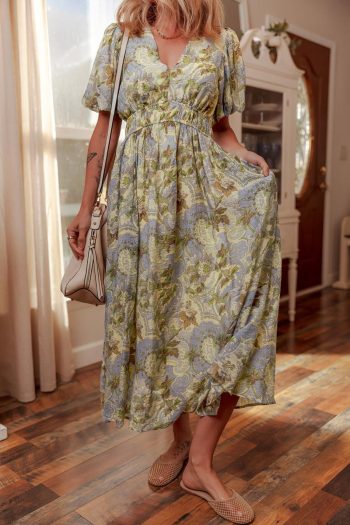 Women Multicolour Vintage Floral V Neck Short Puff Sleeve Maxi Dress | Maxi Dresses