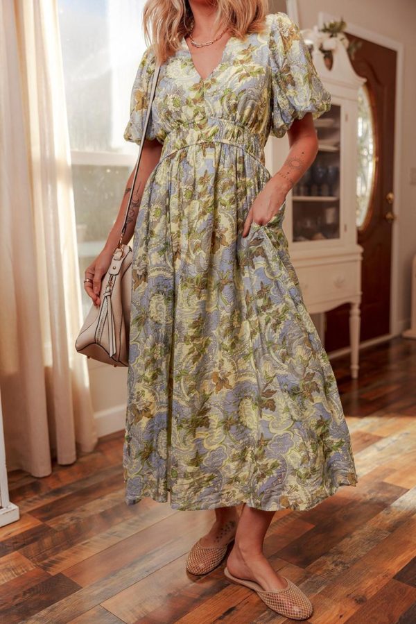Women Multicolour Vintage Floral V Neck Short Puff Sleeve Maxi Dress | Maxi Dresses - Image 2