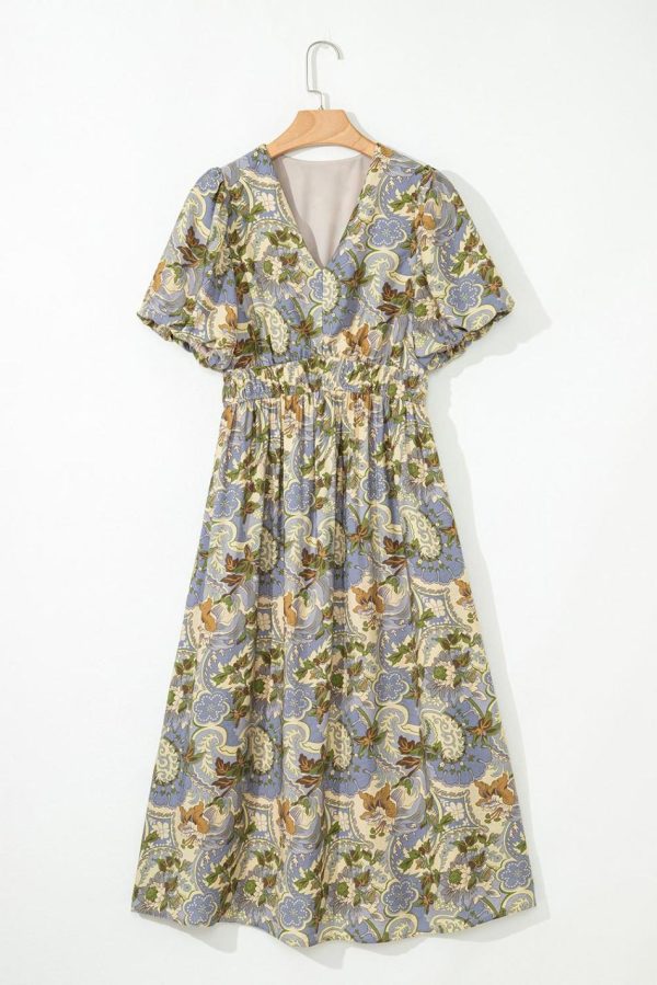Women Multicolour Vintage Floral V Neck Short Puff Sleeve Maxi Dress | Maxi Dresses - Image 3