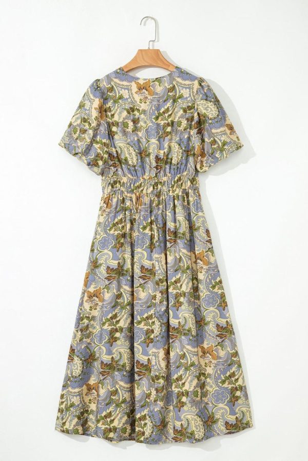 Women Multicolour Vintage Floral V Neck Short Puff Sleeve Maxi Dress | Maxi Dresses - Image 4