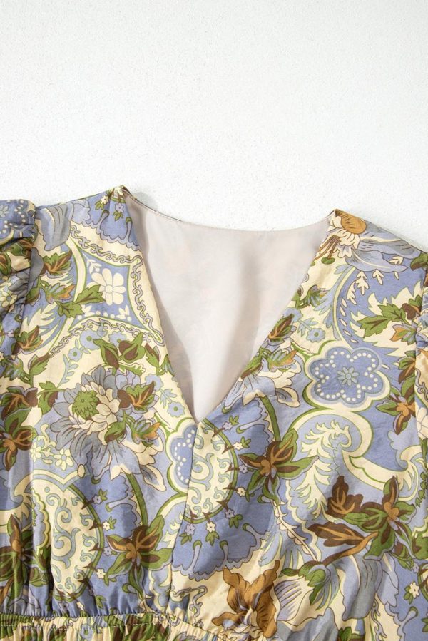Women Multicolour Vintage Floral V Neck Short Puff Sleeve Maxi Dress | Maxi Dresses - Image 5