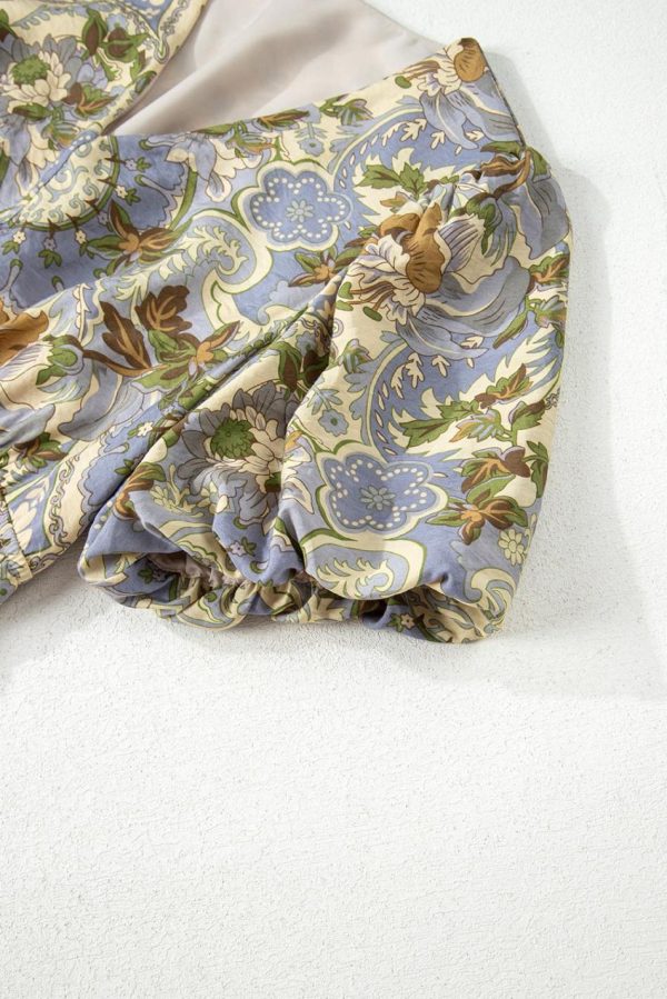 Women Multicolour Vintage Floral V Neck Short Puff Sleeve Maxi Dress | Maxi Dresses - Image 6