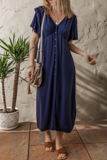 Women Navy Blue V Neck Buttoned Front Shirred Back Short Sleeve Midi Dress | Midi Dresses