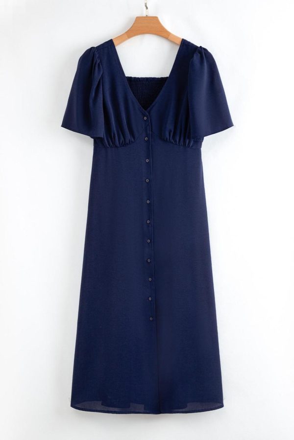 Women Navy Blue V Neck Buttoned Front Shirred Back Short Sleeve Midi Dress | Midi Dresses - Image 5