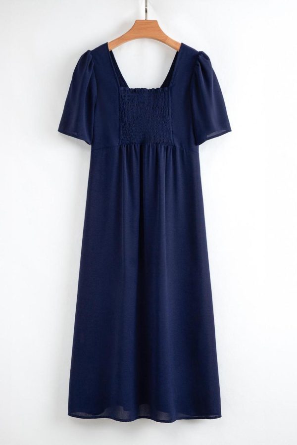 Women Navy Blue V Neck Buttoned Front Shirred Back Short Sleeve Midi Dress | Midi Dresses - Image 6