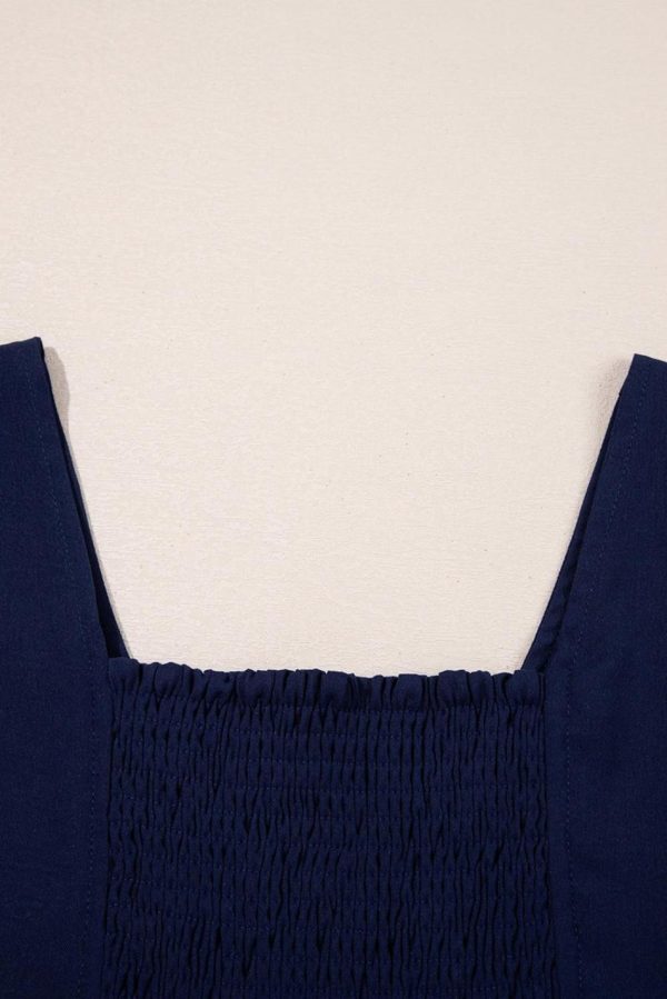 Women Navy Blue V Neck Buttoned Front Shirred Back Short Sleeve Midi Dress | Midi Dresses - Image 7